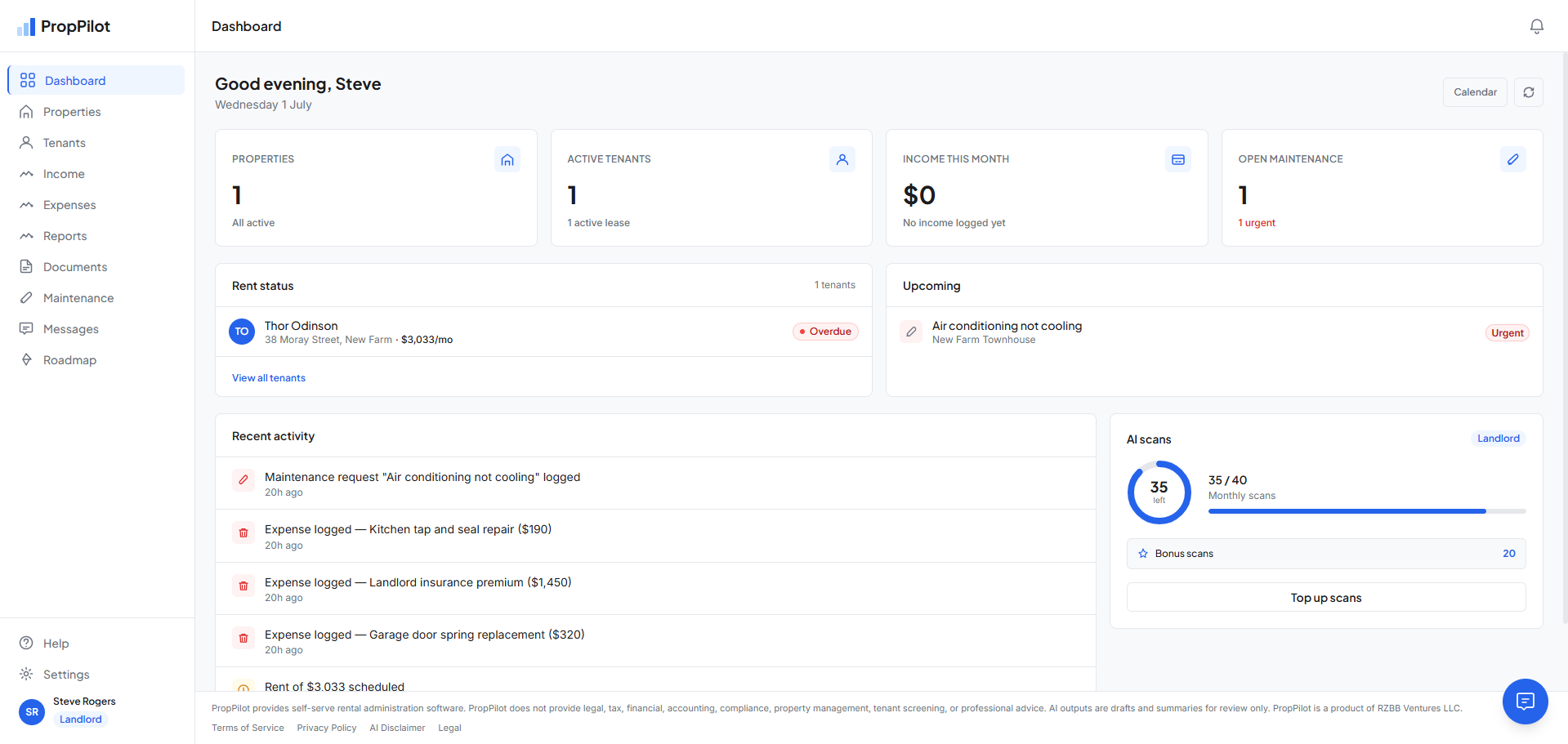 Dashboard overdue rent alert