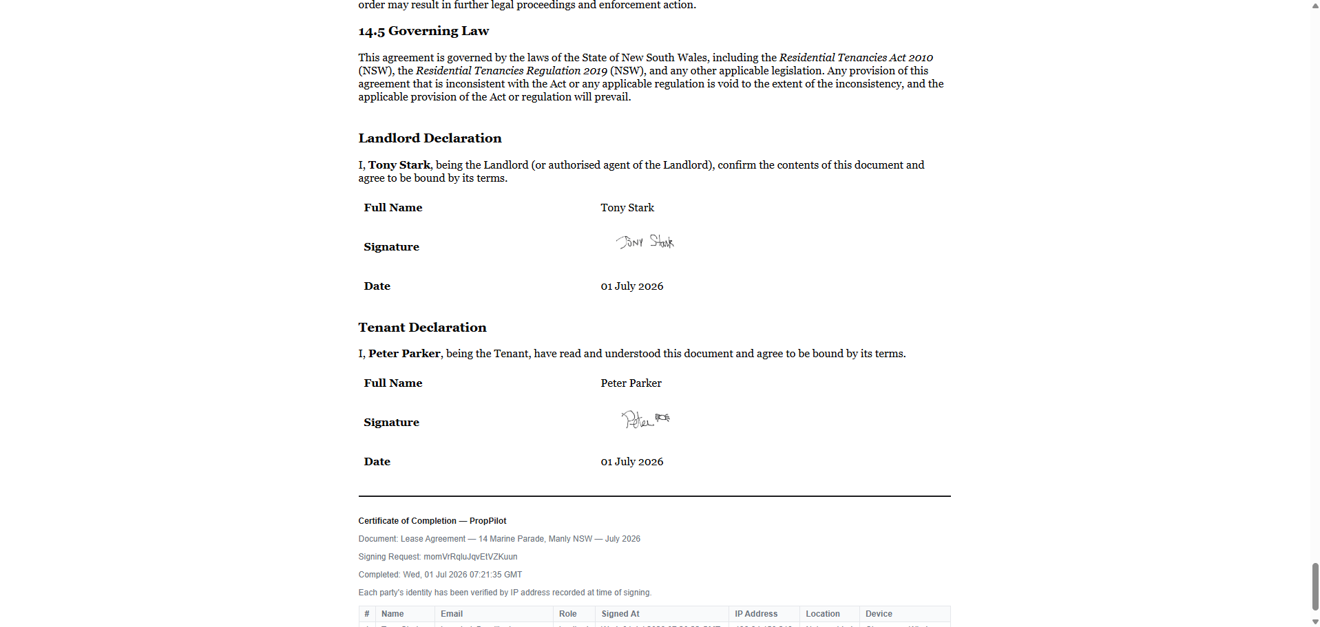 A signed lease agreement