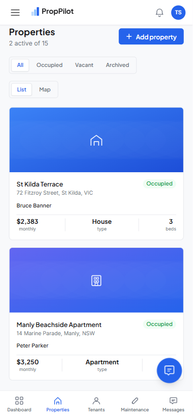 Properties list on mobile