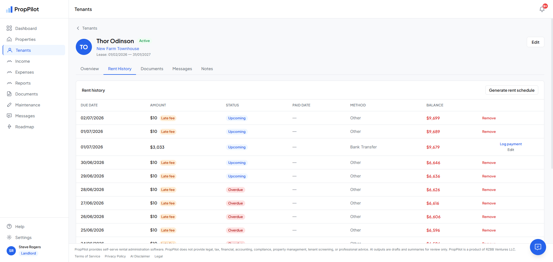 Tenant payment terms in PropPilot