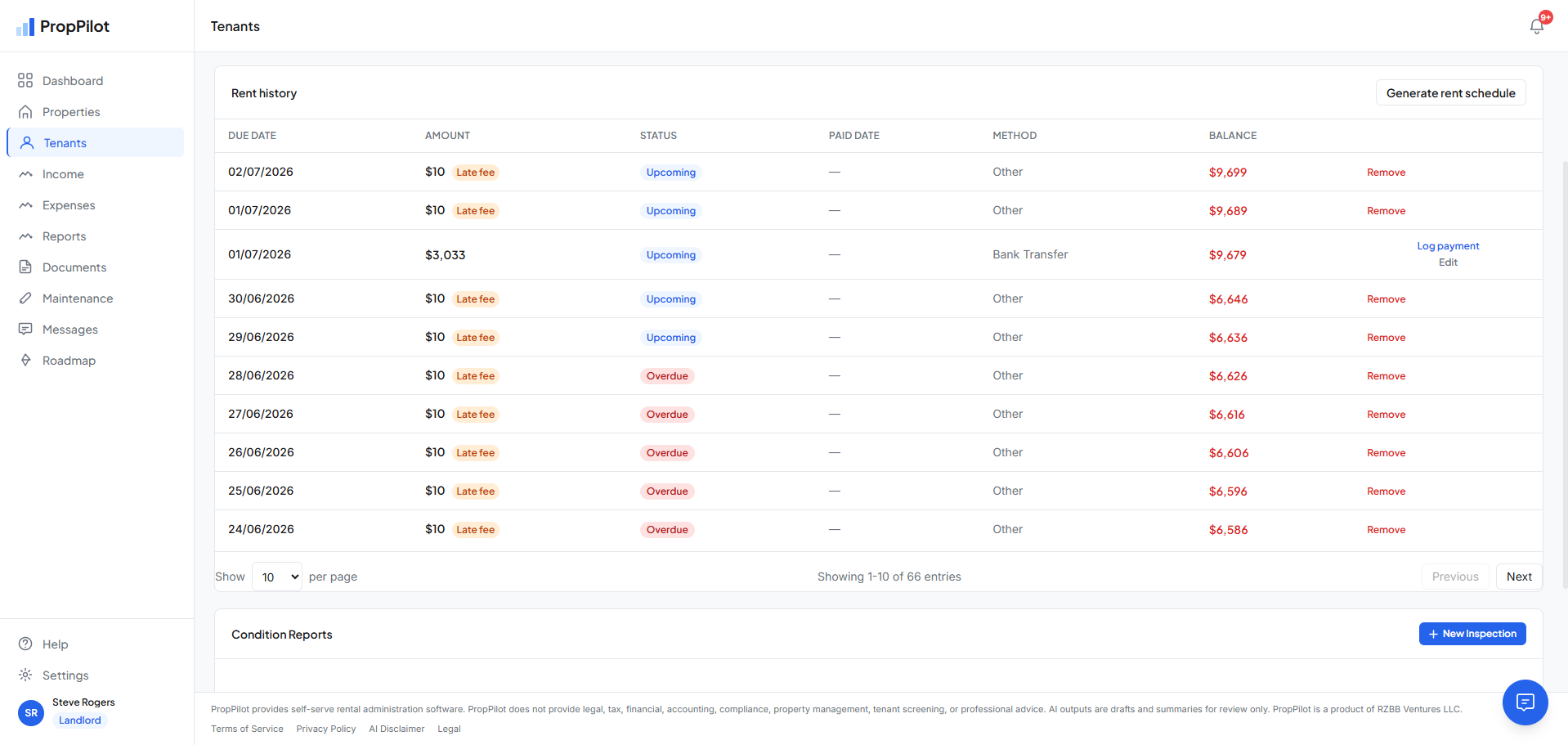 Overdue rent payments view