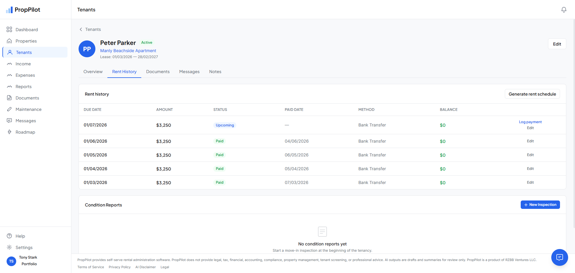 Rent ledger with paid payments